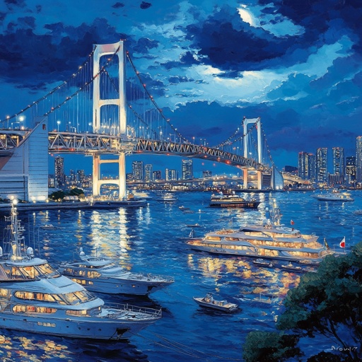 Tokyo Bay panorama, Rainbow Bridge illuminated, yacht-filled harbor, moonlit sky, oil painting style --v 6.1